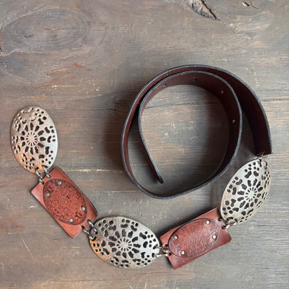 Vintage Brown Leather and Metal Belt