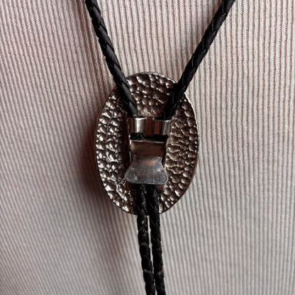 Silver Longhorn Bolo with on Black Leather Tie