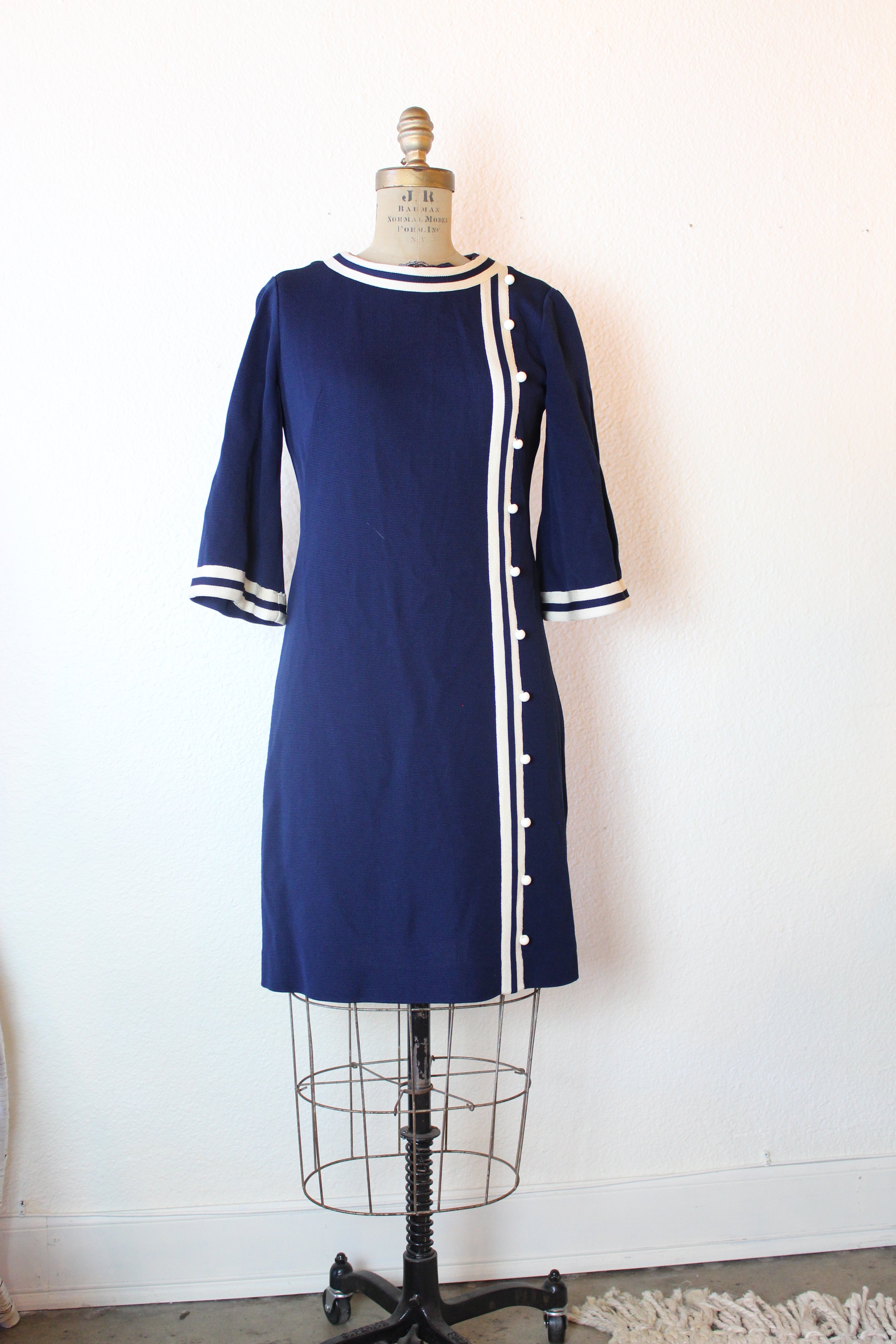 Navy blue dress with white trim sale