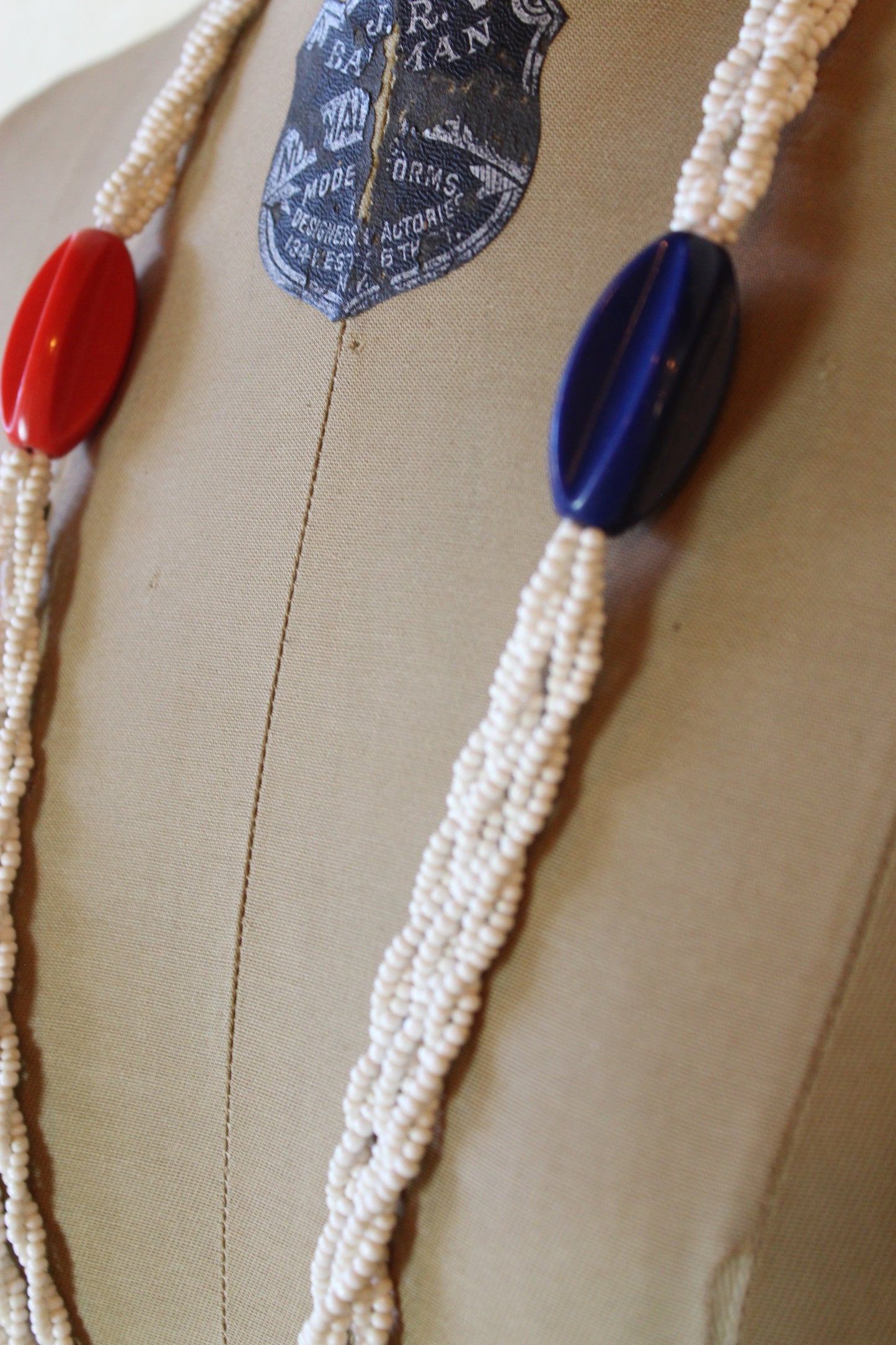 White Blue and Red Beaded Necklace