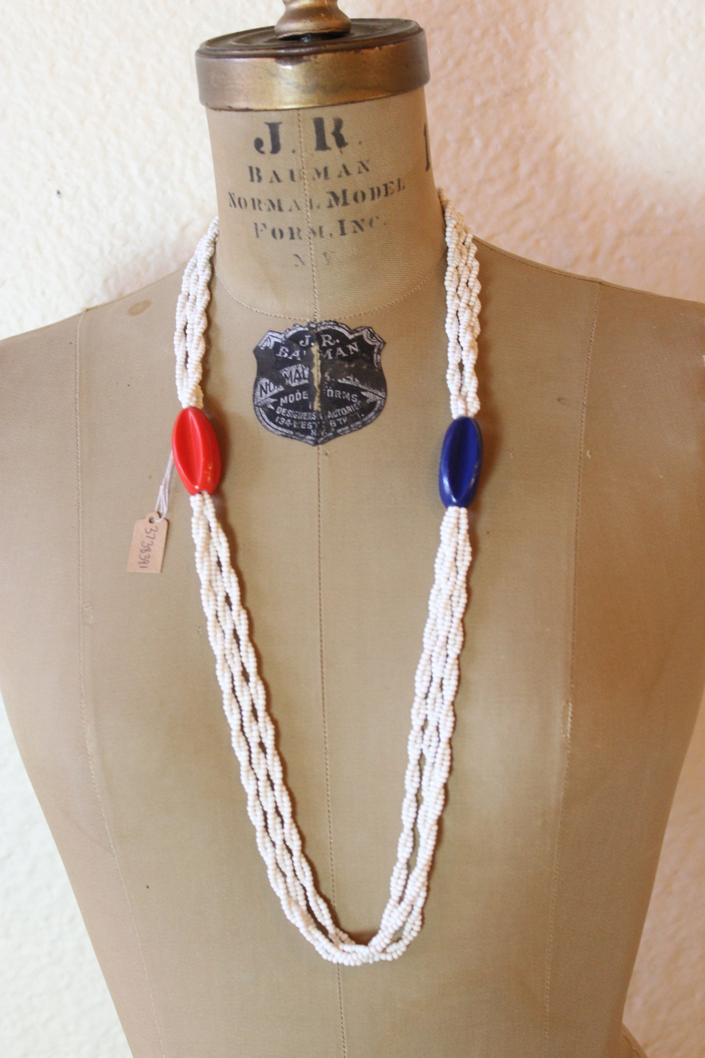 White Blue and Red Beaded Necklace