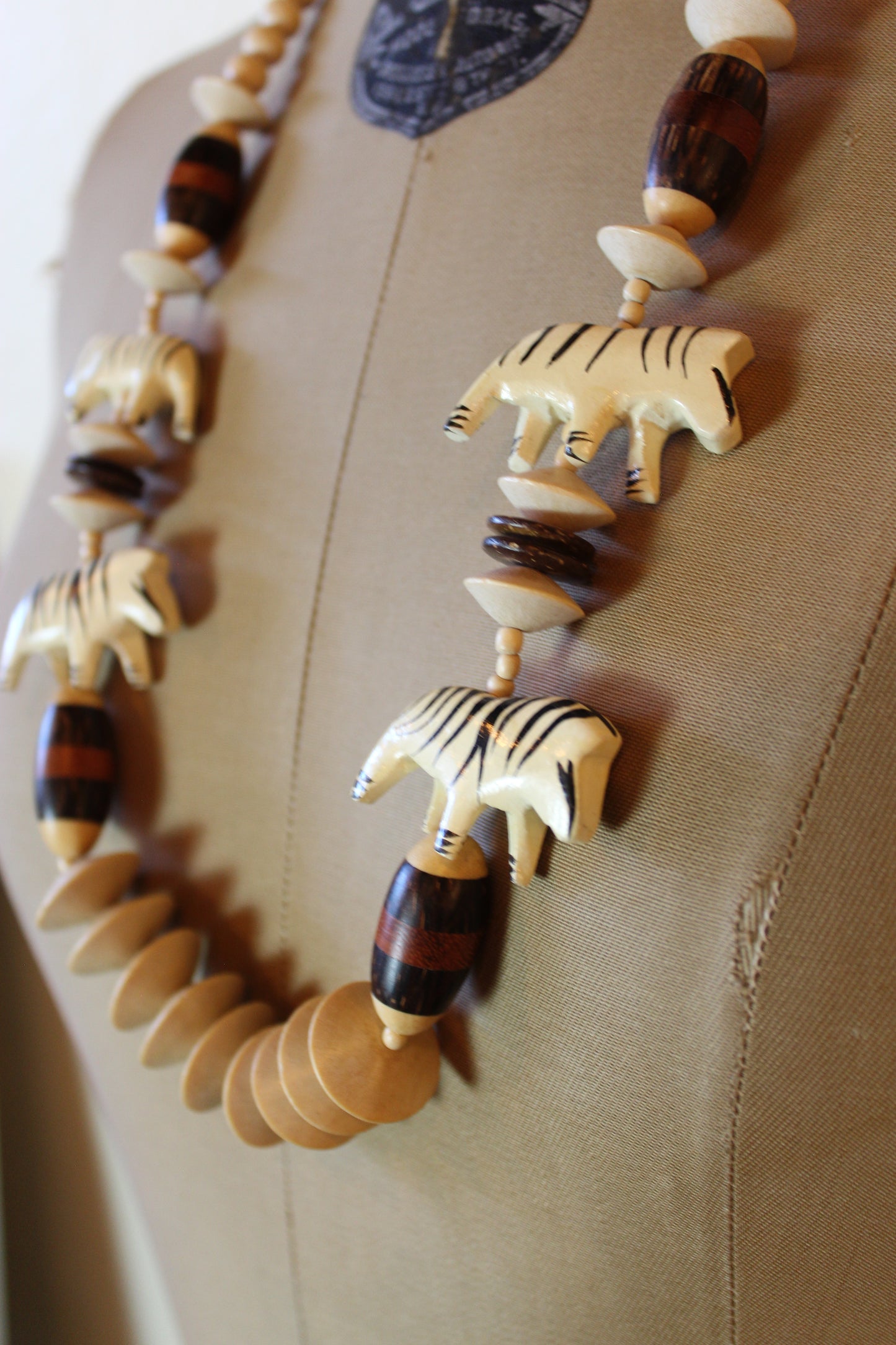 Zebra Figurine Wood Beaded Necklace