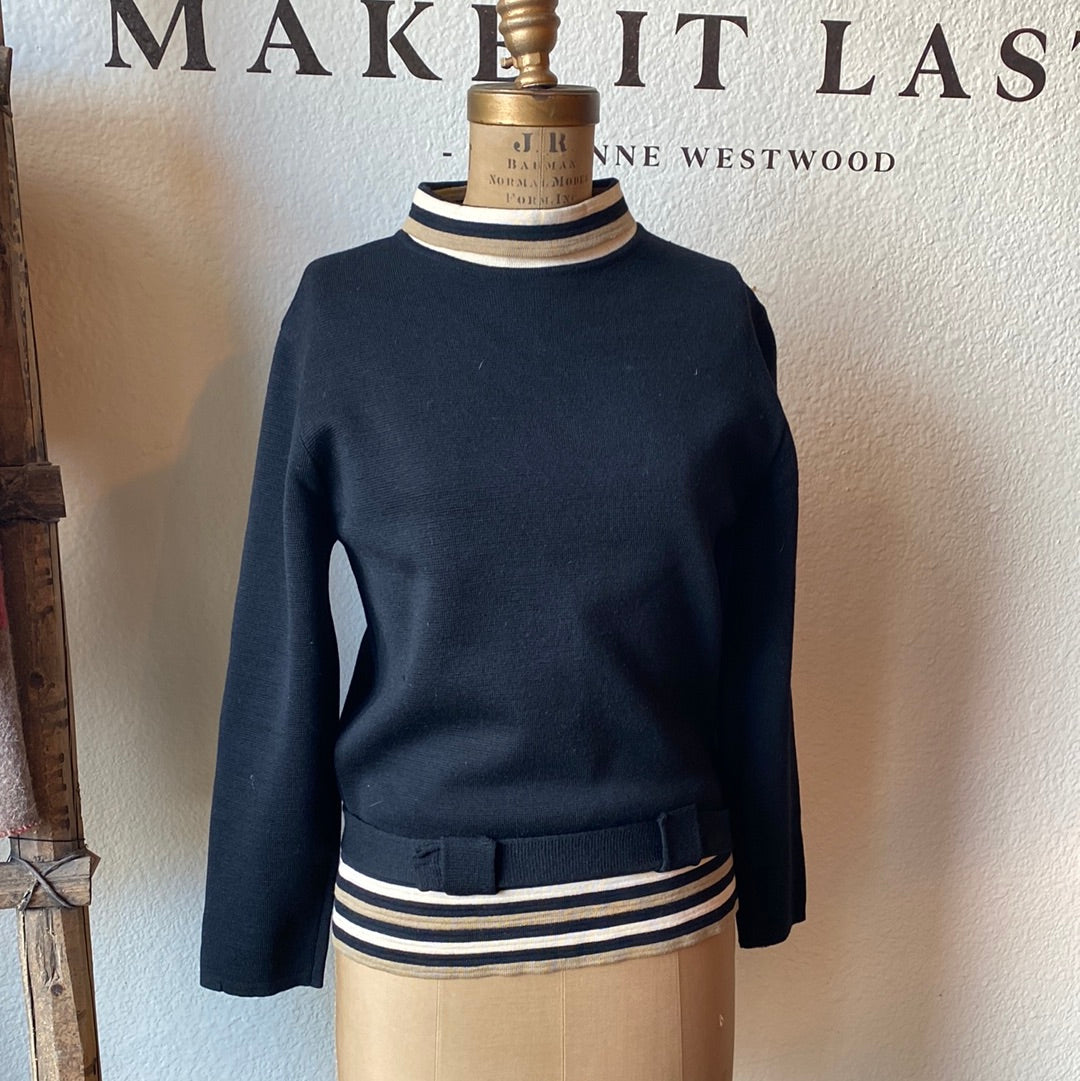 Black brown stripe mod sweater with belt