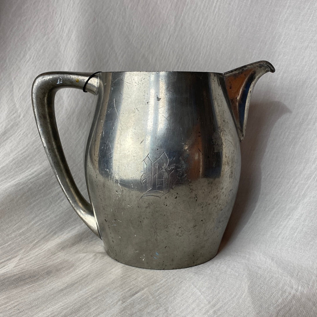Etched "B" Pewter Vintage Water Pitcher