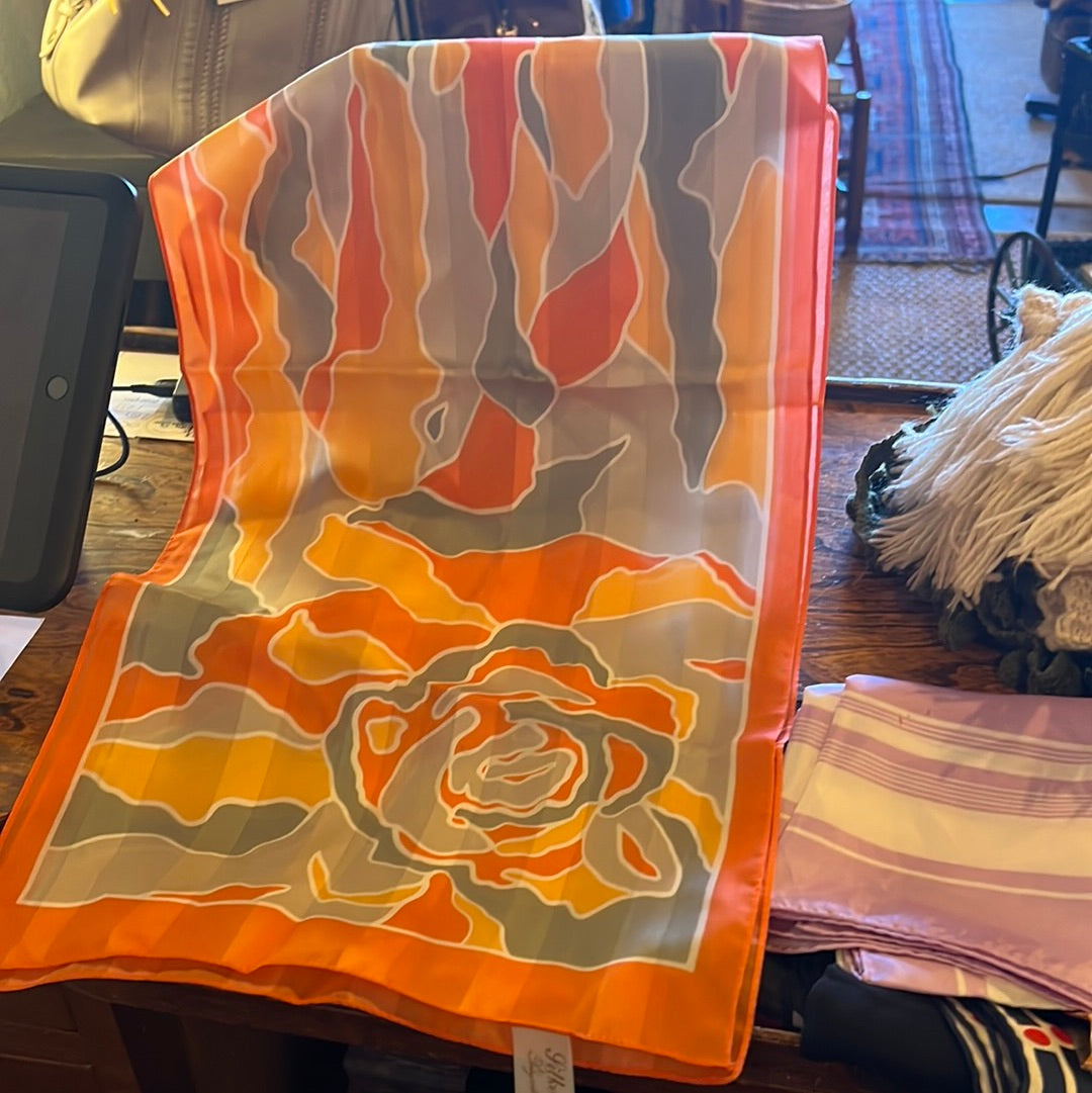 Peach, orange, grey, cream pattern long silk scarf
