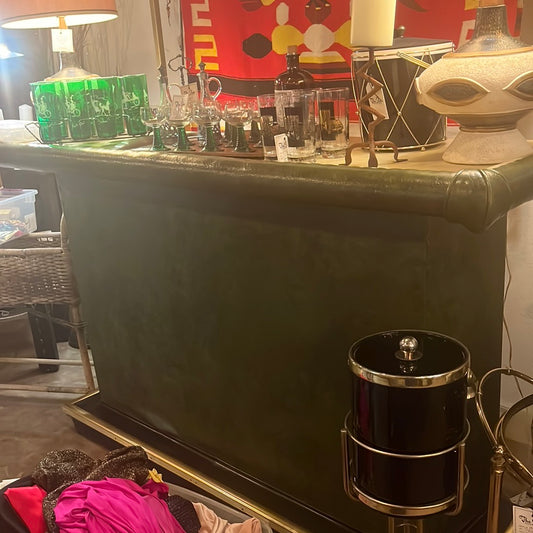 Large Green Leather Bar with 2 Brown Leather Stools