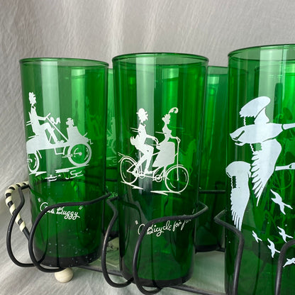 Green Glass Set- Variety of Patterns with Holder