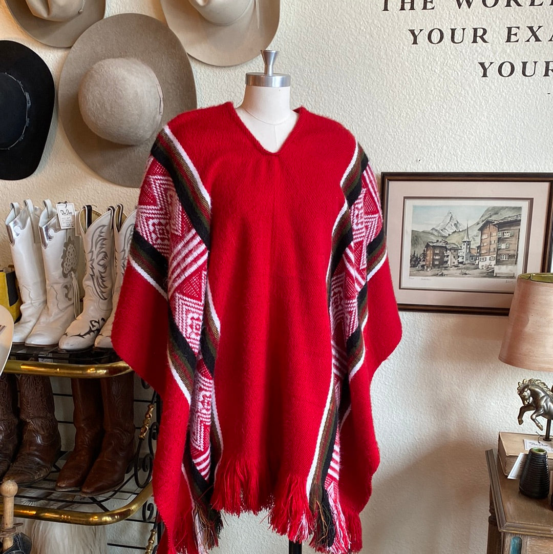 Red Woven Poncho Shawl