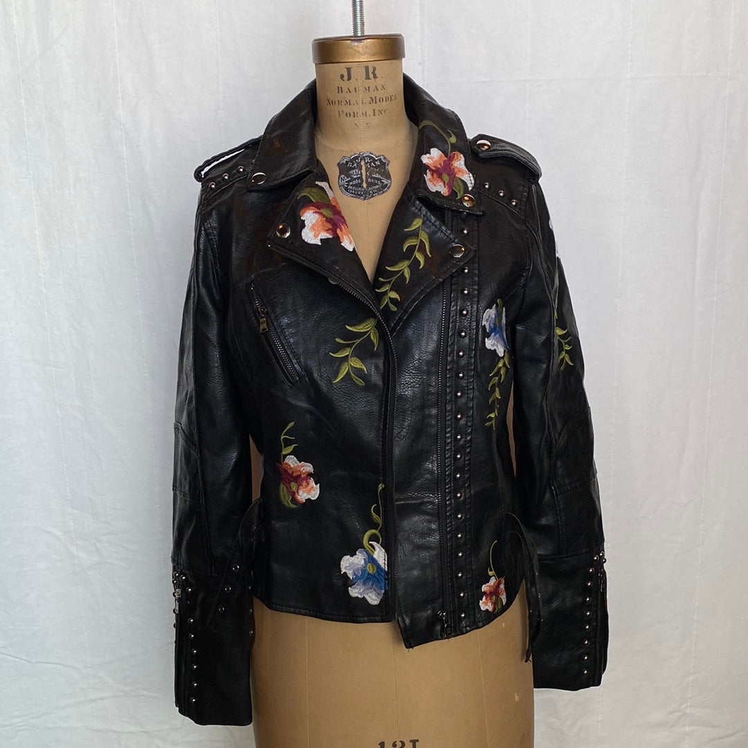 Black Leather Embroidered Jacket