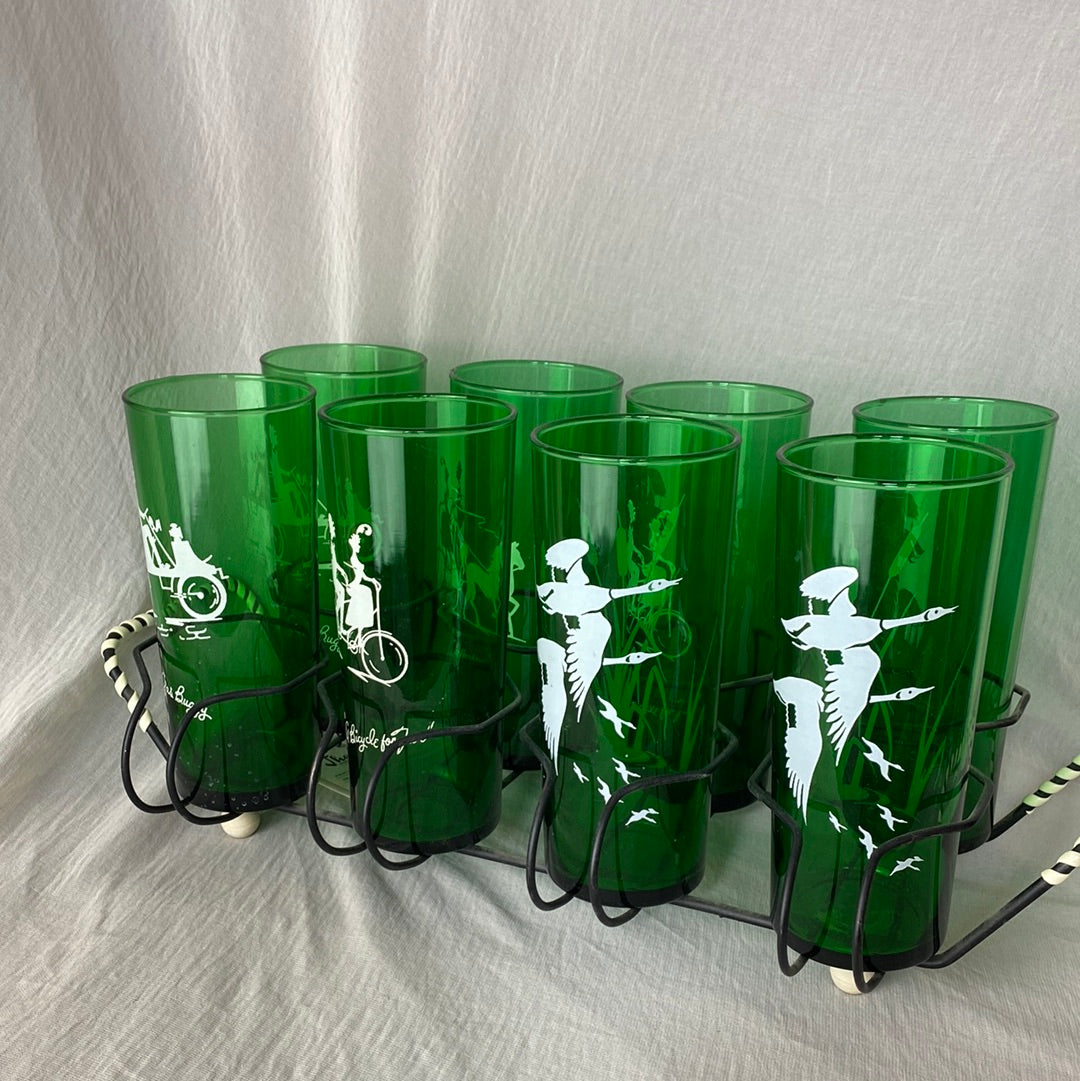 Green Glass Set- Variety of Patterns with Holder