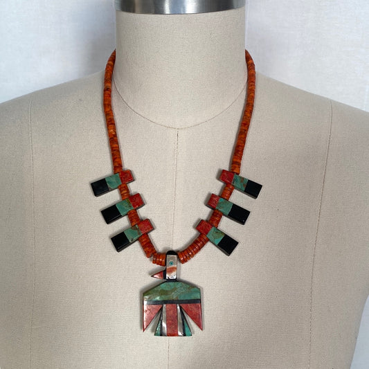 Red Beaded Necklace with Stone Pendants