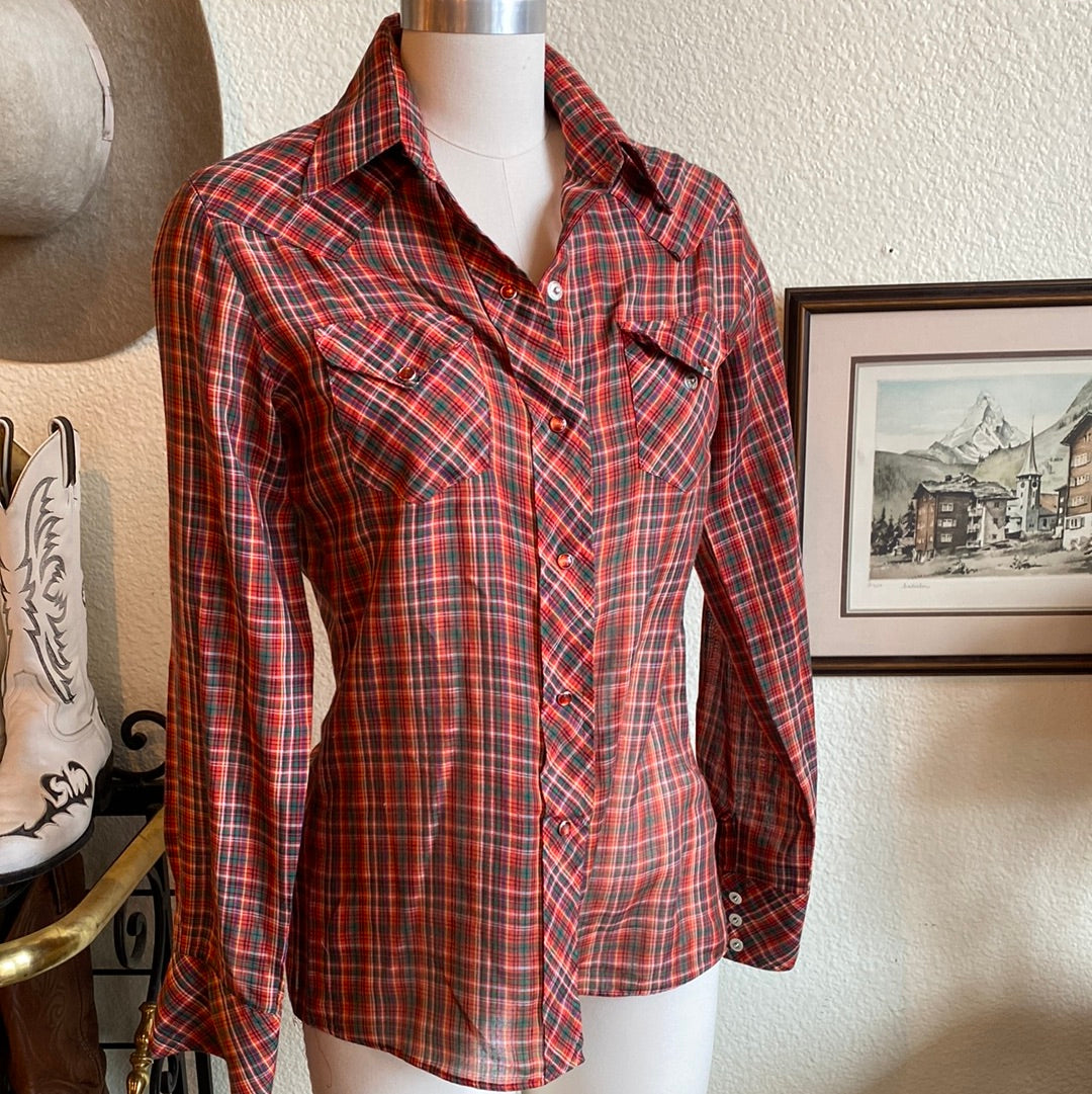 Red and Green Button Up Plaid Shirt Pearl buttons